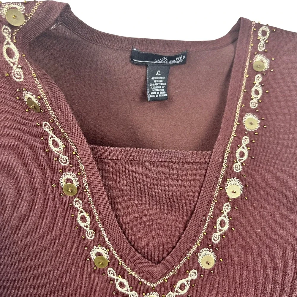 Willi Smith Brown Silk blend‎ Sleeveless Sweater Top XL Embellished V Neck Tank - Picture 7 of 11